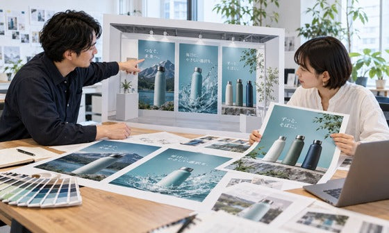 展示会ブースの壁面イメージとポスター原稿を見比べて配置を検討する担当者｜STYLE PRINT