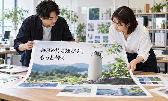 展示会用ポスターの見出しとボトルの写真を確認する制作担当者｜STYLE PRINT